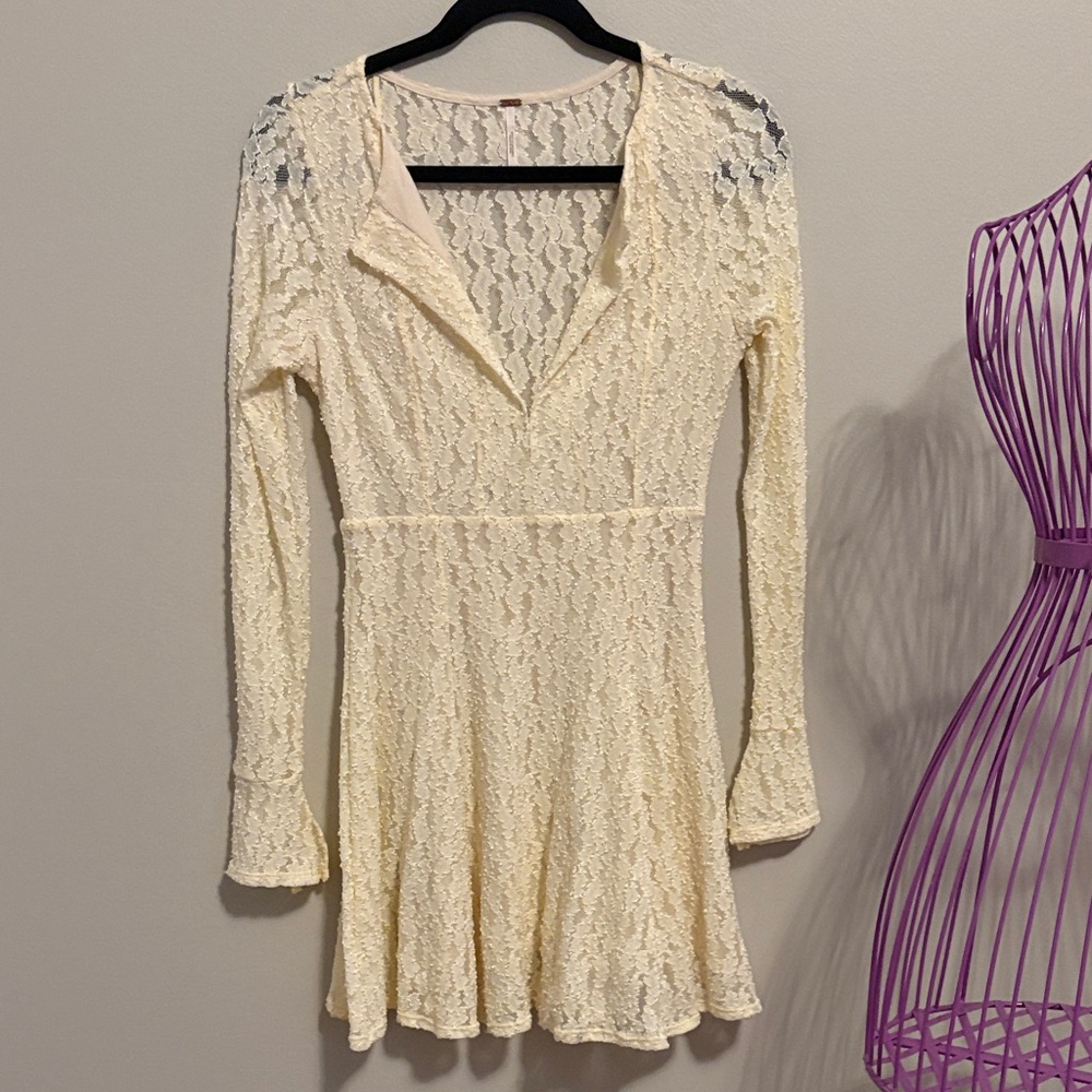 Free People Cream Lace Long-Sleeve Skater Dress